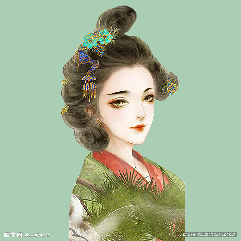 古风佳人  典雅发髻持扇图