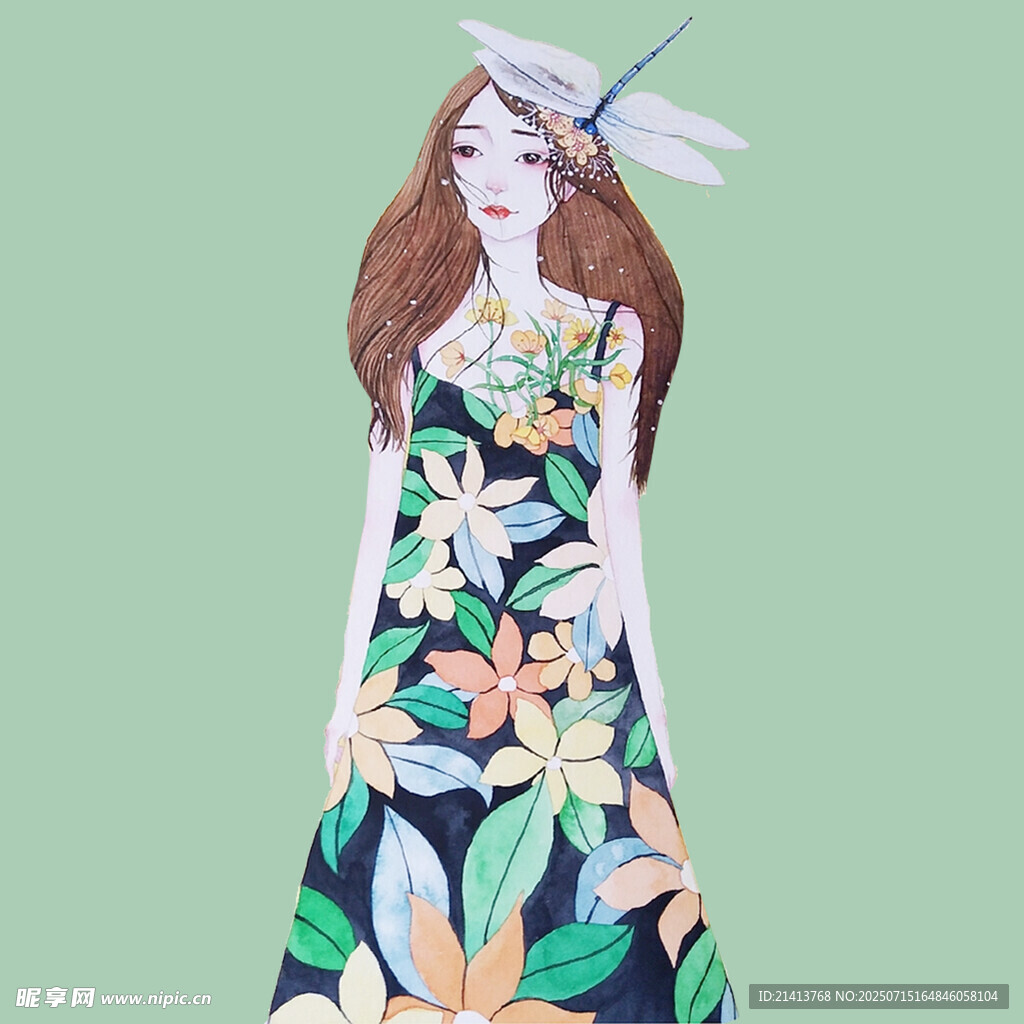 时尚印花裙女性插画形象