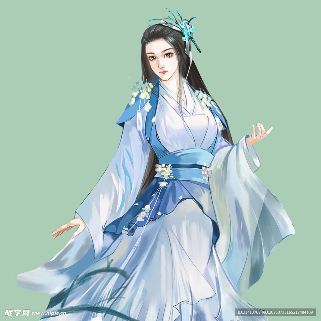 古风蓝白飘逸古装女子