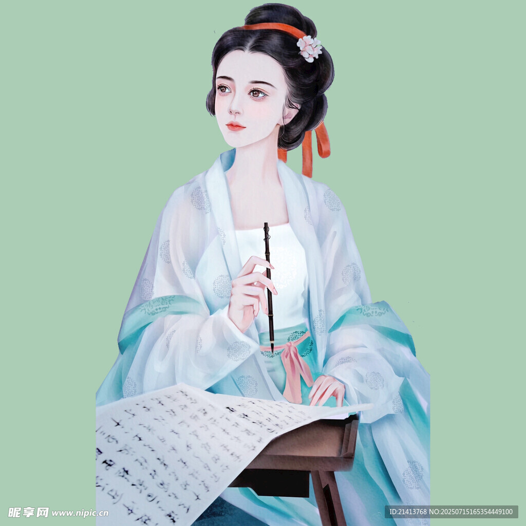 古风女子持笔书写优雅