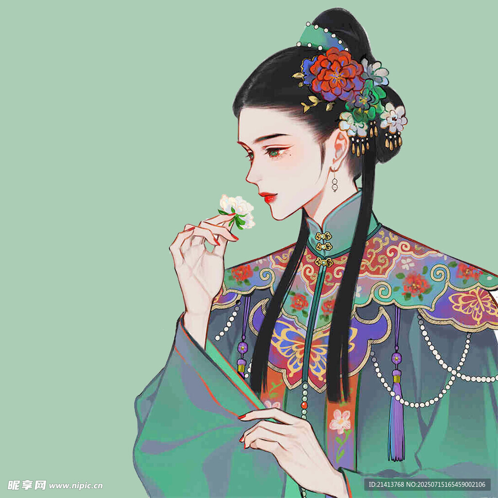 古典美人持花轻嗅
