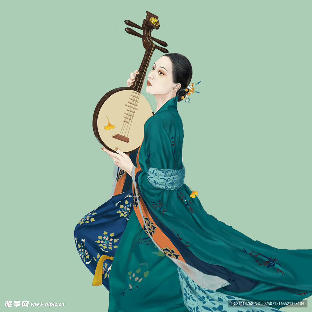 古风女子持阮优雅起舞