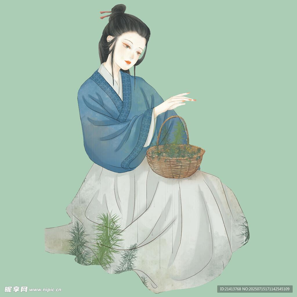 古风女子持篮优雅姿态