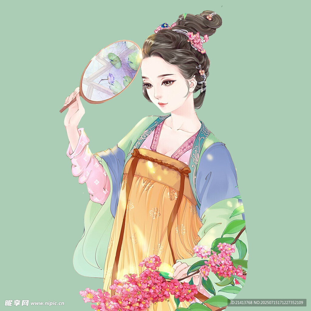 古风持扇女子赏花图