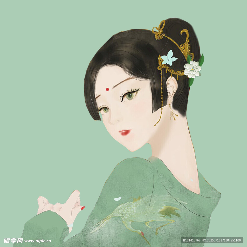 古风绿衣女子优雅姿态