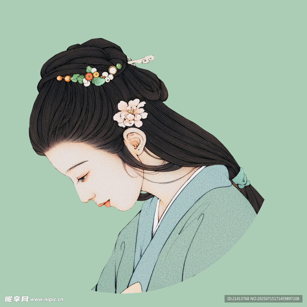 古风女子低眉簪花图