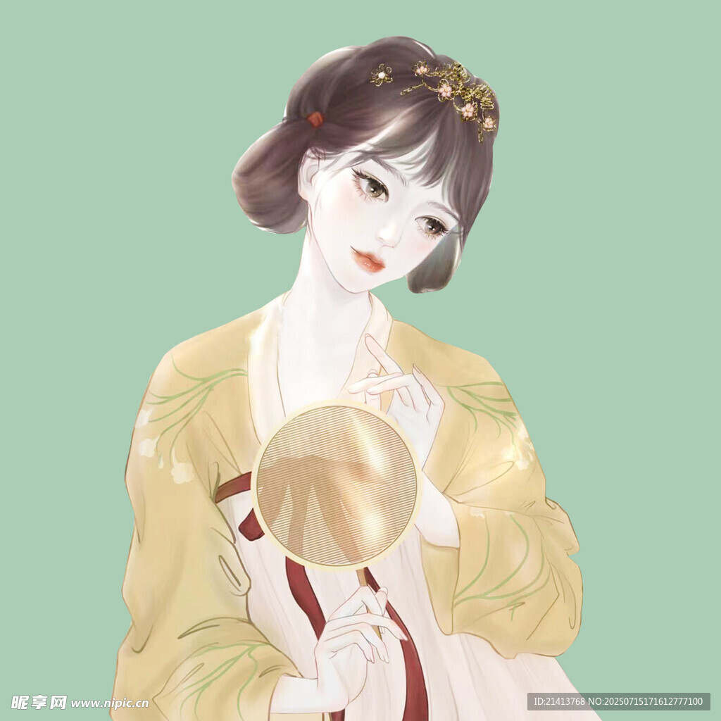 古风女子持圆镜优雅装扮