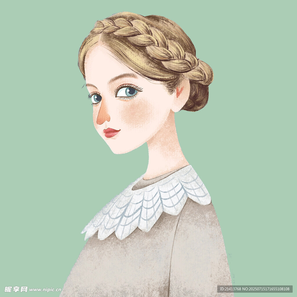 复古编发少女头像插画