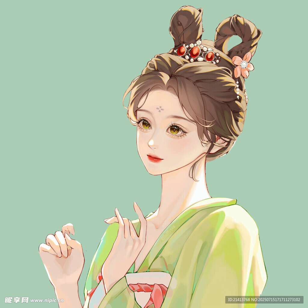 古风绿衣女子优雅比心