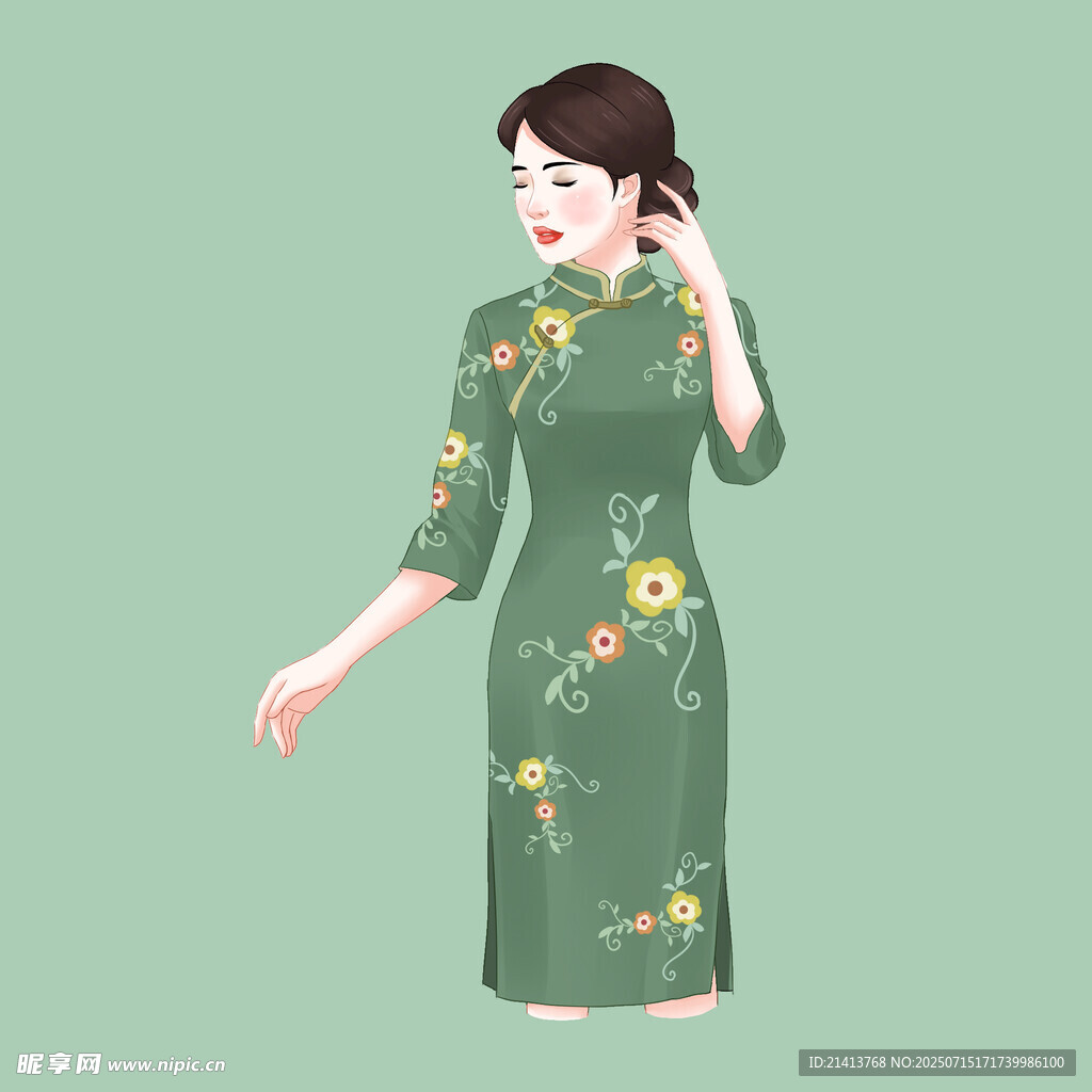 身着绿旗袍的优雅女子