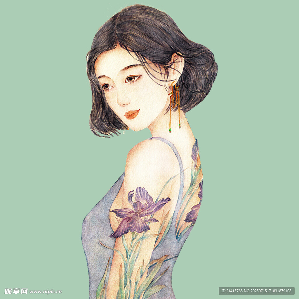 花臂少女优雅侧身形象
