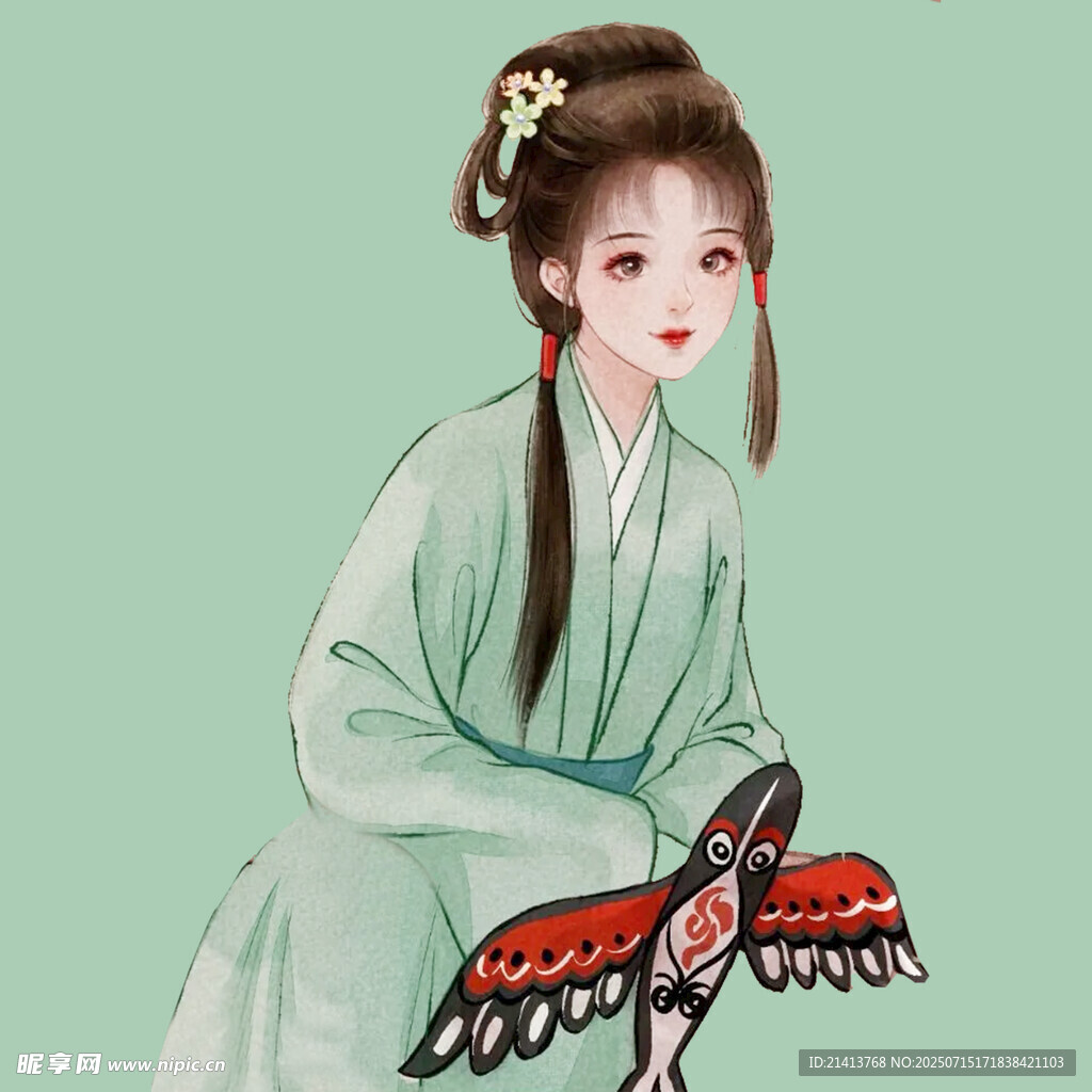 古风女子持传统风筝赏玩