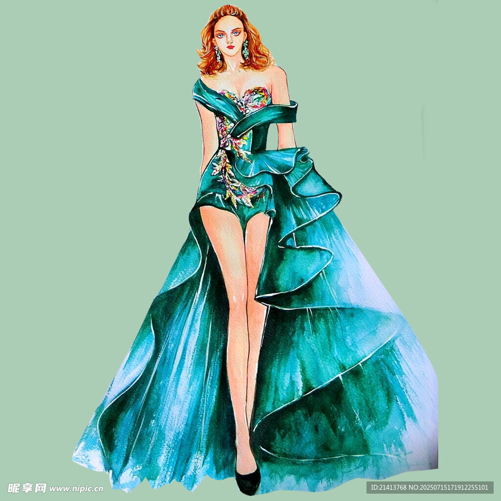 梦幻蓝绿渐变拖地礼服美女
