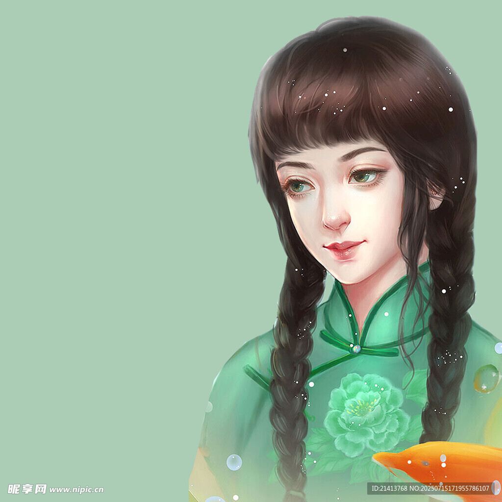 古风双辫女子持金鱼物件