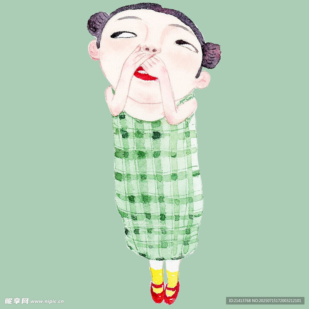 绿衣卡通女孩捂嘴表情