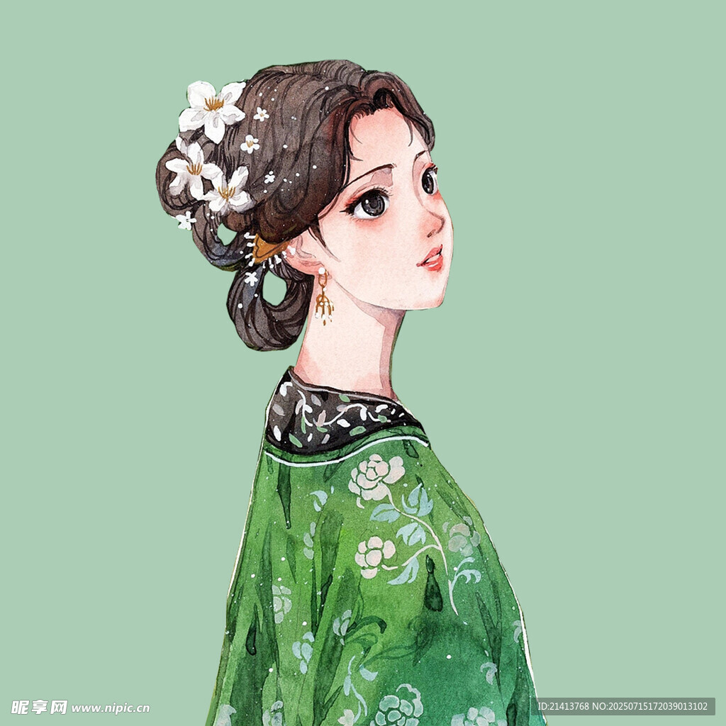 古风绿衣女子优雅侧颜