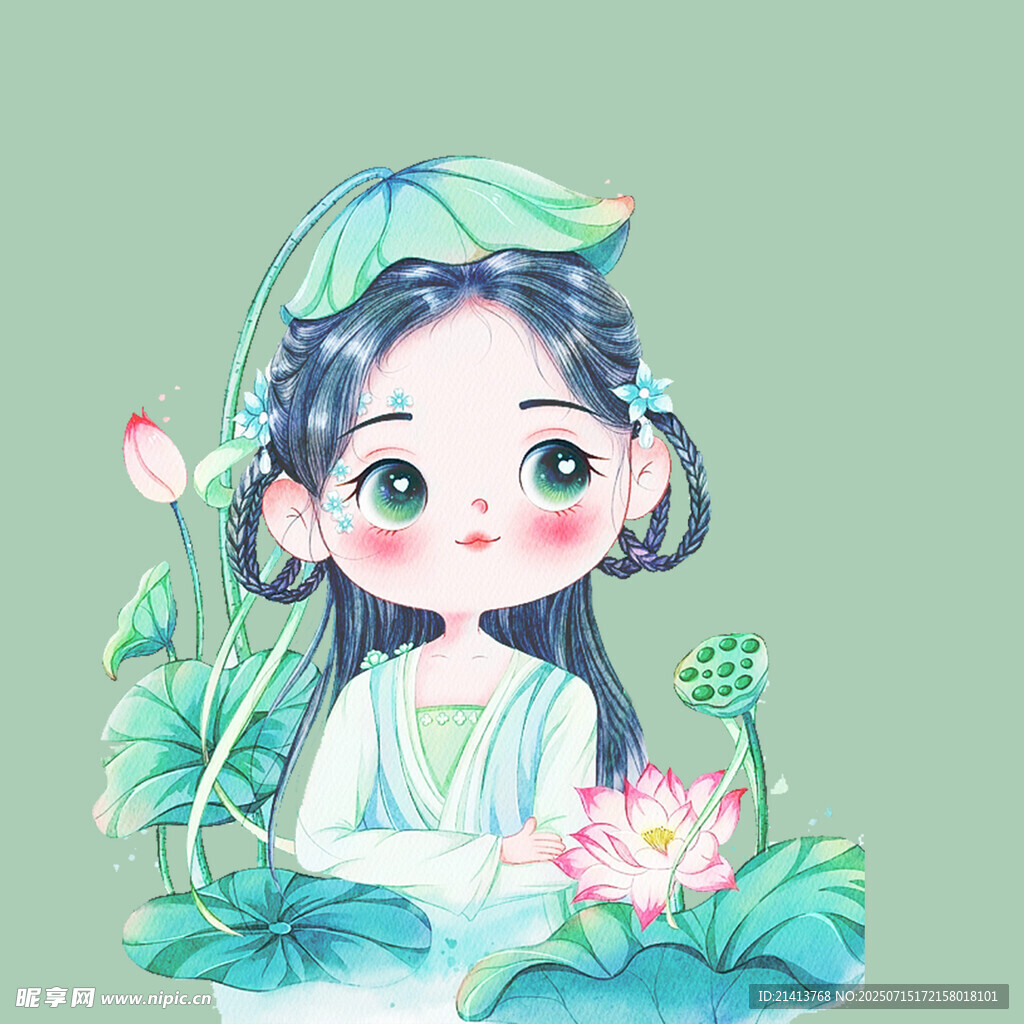 荷塘少女插画