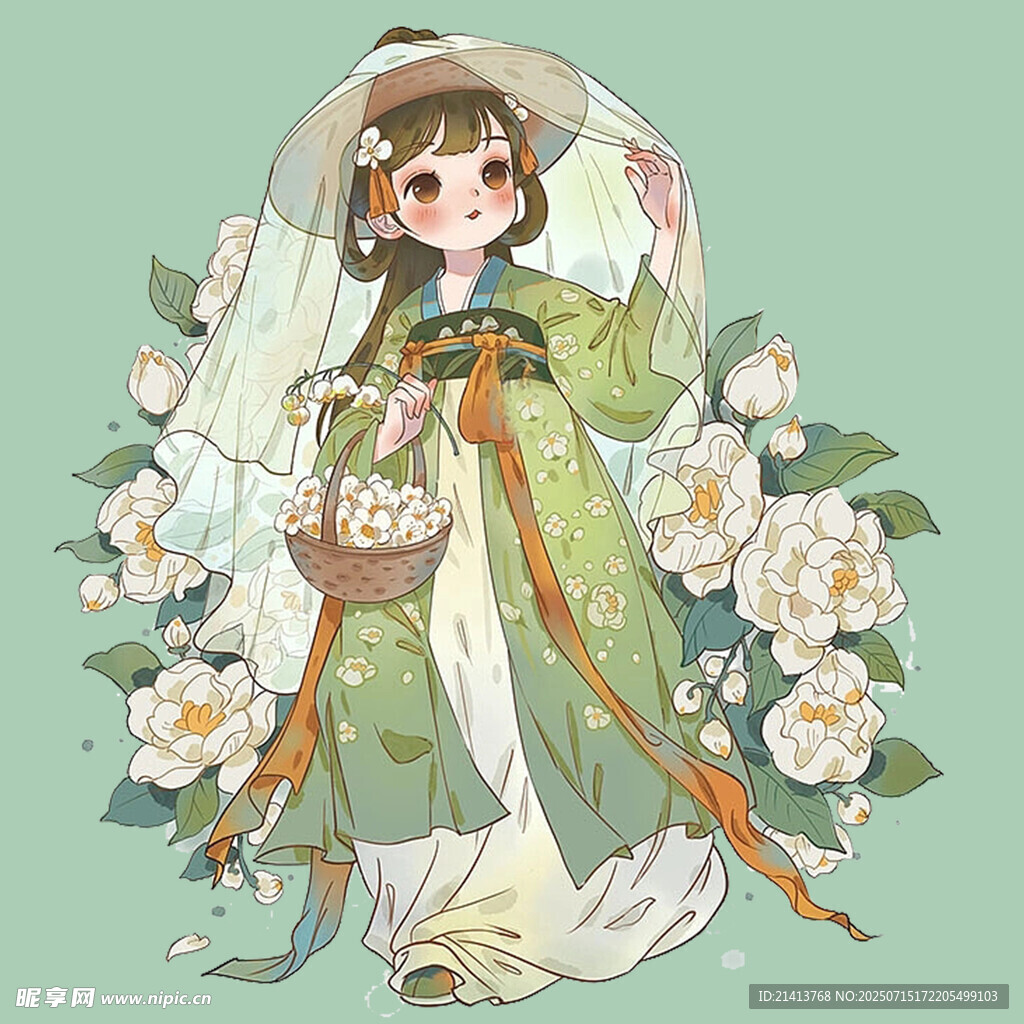 古风少女持篮伴繁花