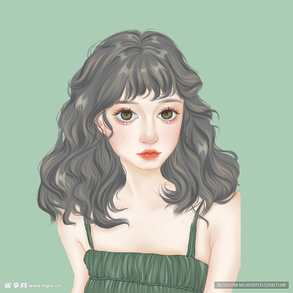 卷发绿衣时尚少女