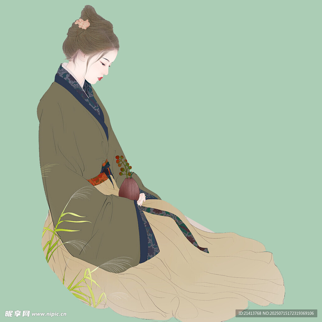 古风女子静坐持物图
