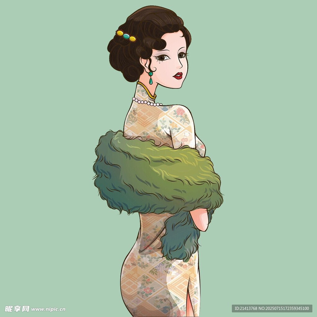 复古旗袍女子披绿色披肩
