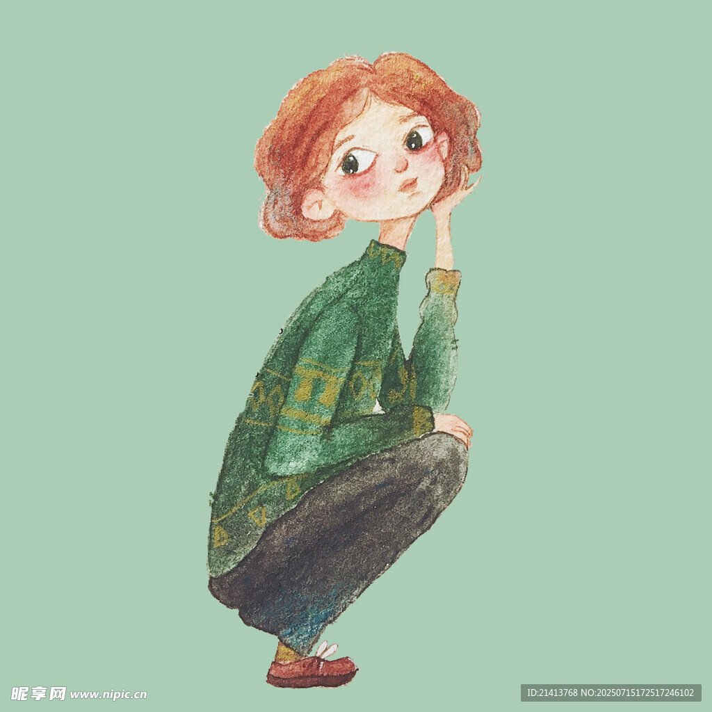 蹲坐的红发女孩插画