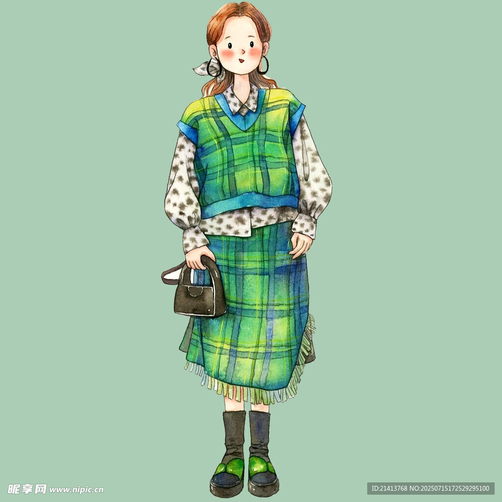复古风绿格穿搭时尚女孩
