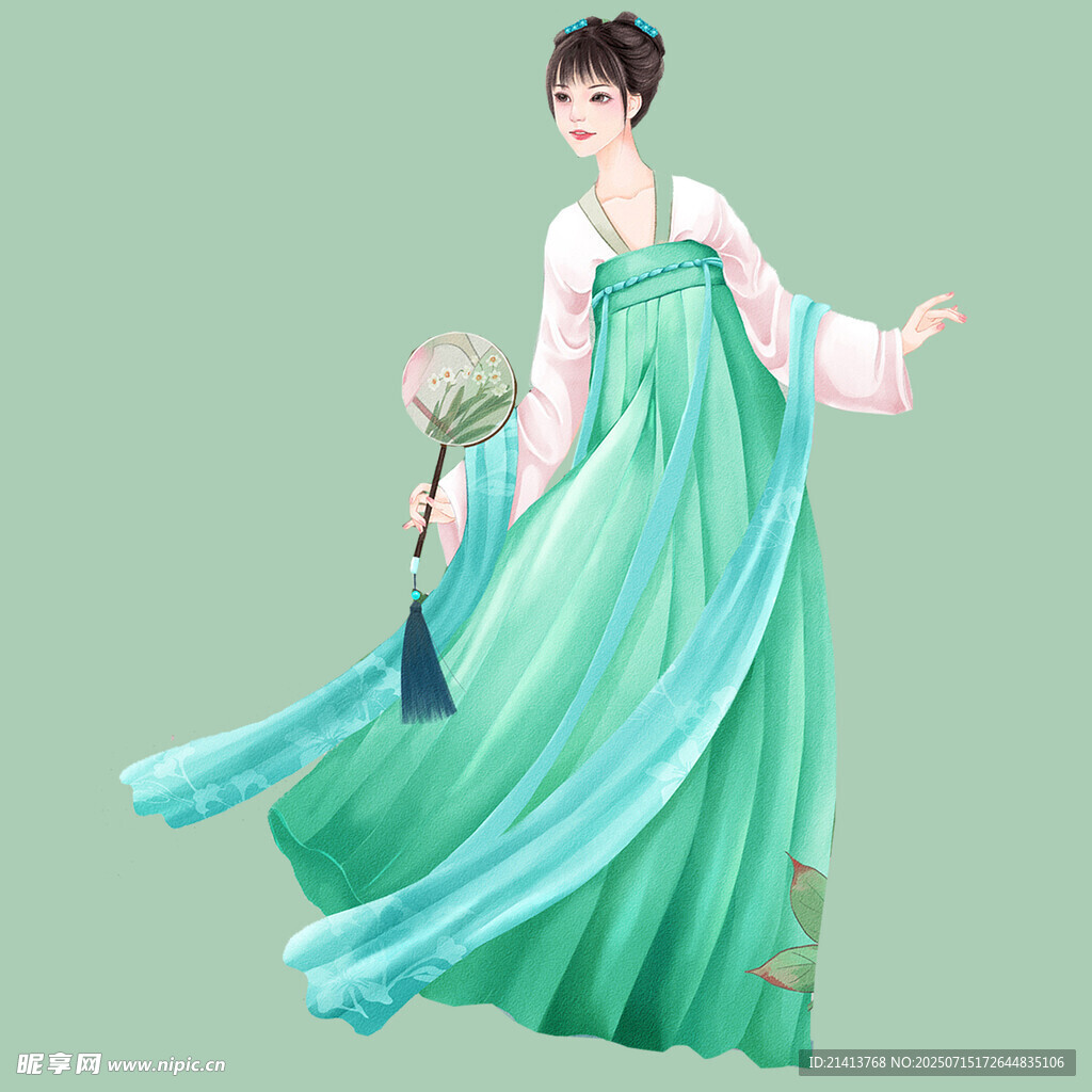 古风绿衣女子优雅持花
