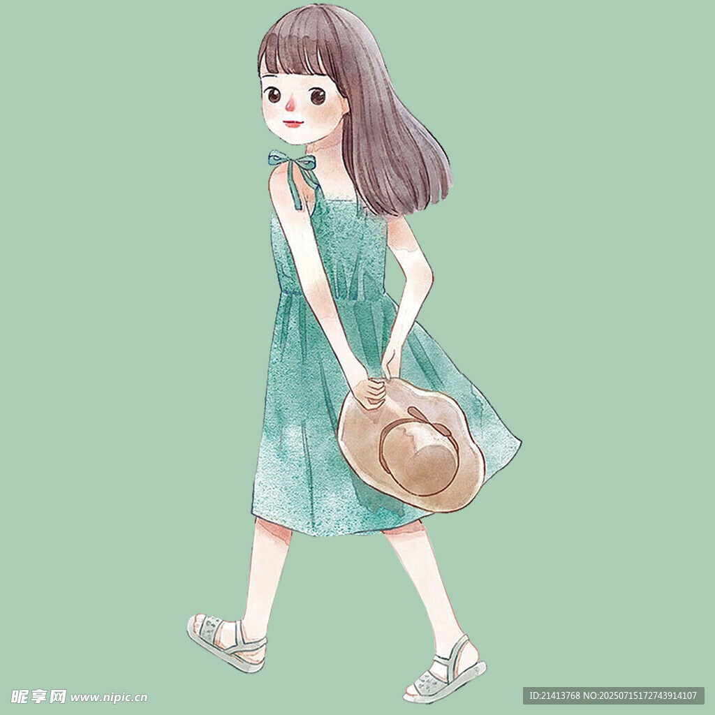 漫步的绿裙女孩与草帽