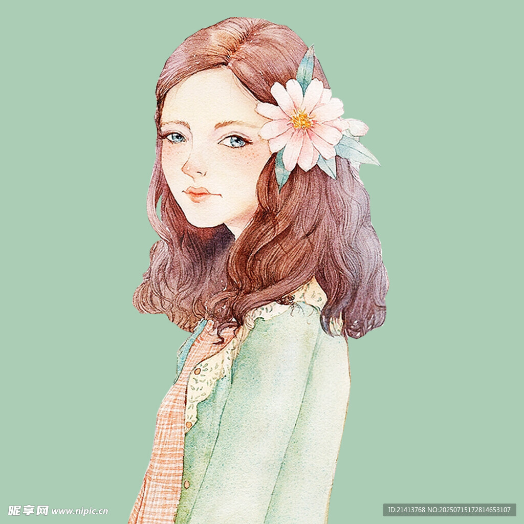 戴花少女插画