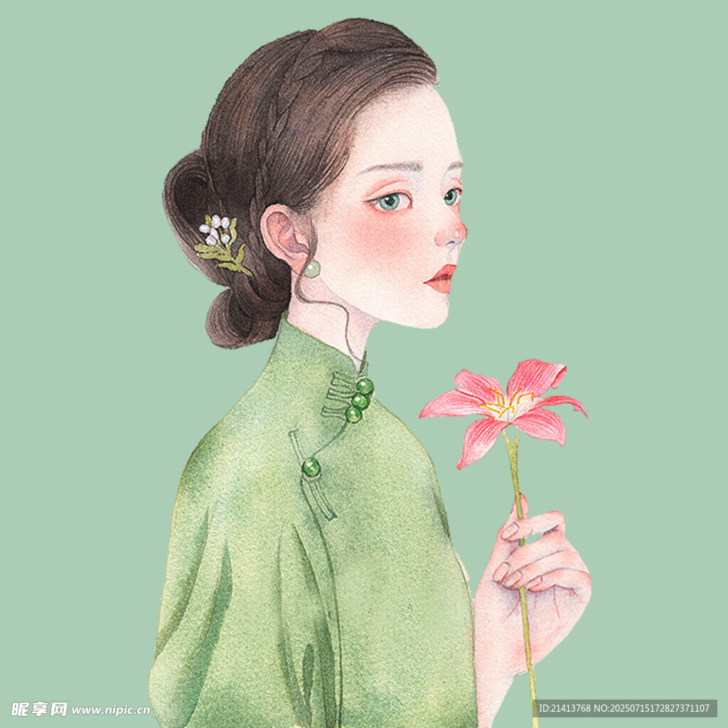 手持荷花的古典优雅女子