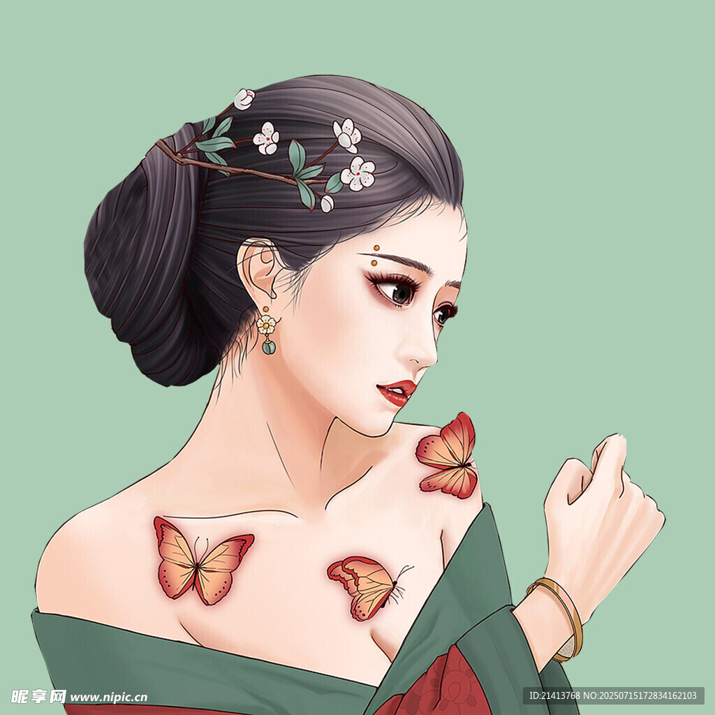 古典美人与蝴蝶的优雅画面
