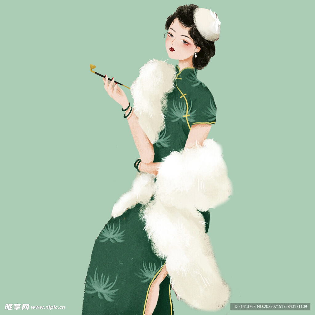 复古旗袍女子手持烟杆