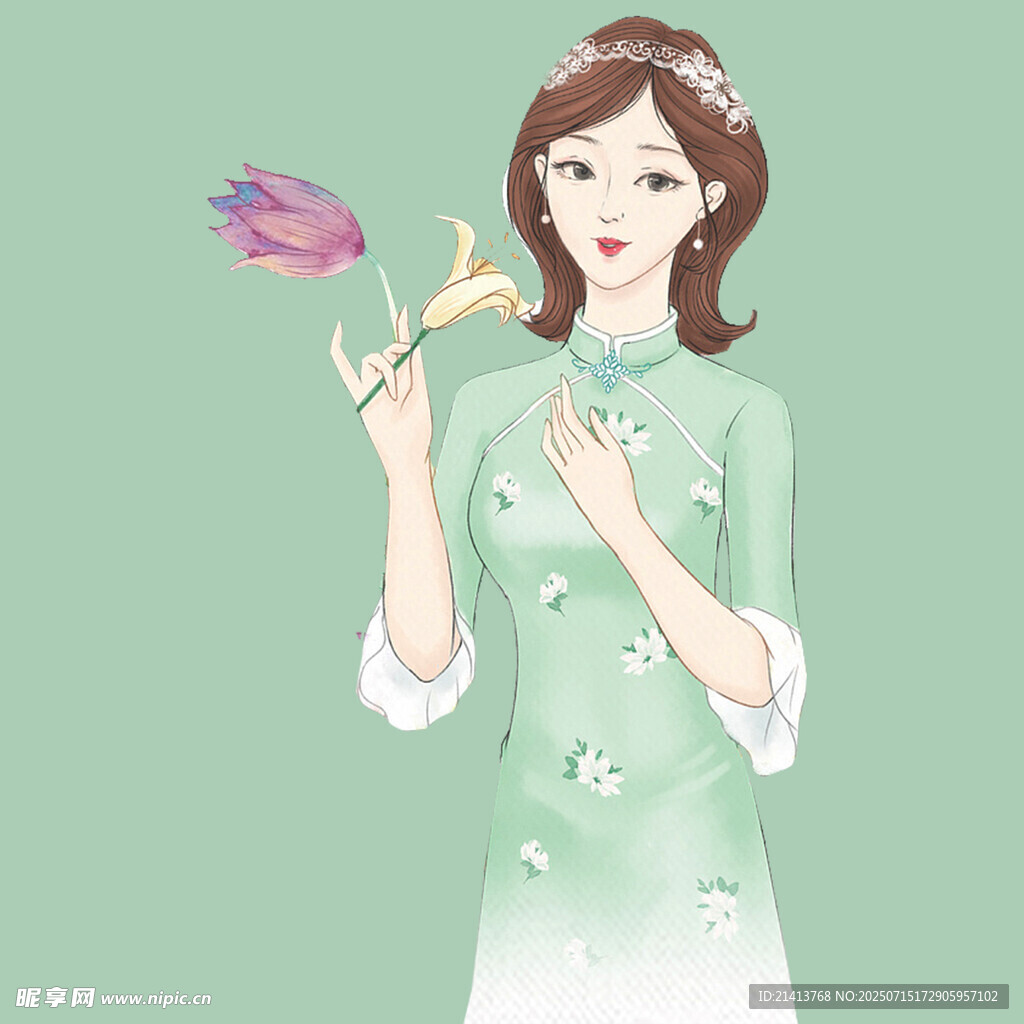 旗袍女子优雅持花赏景
