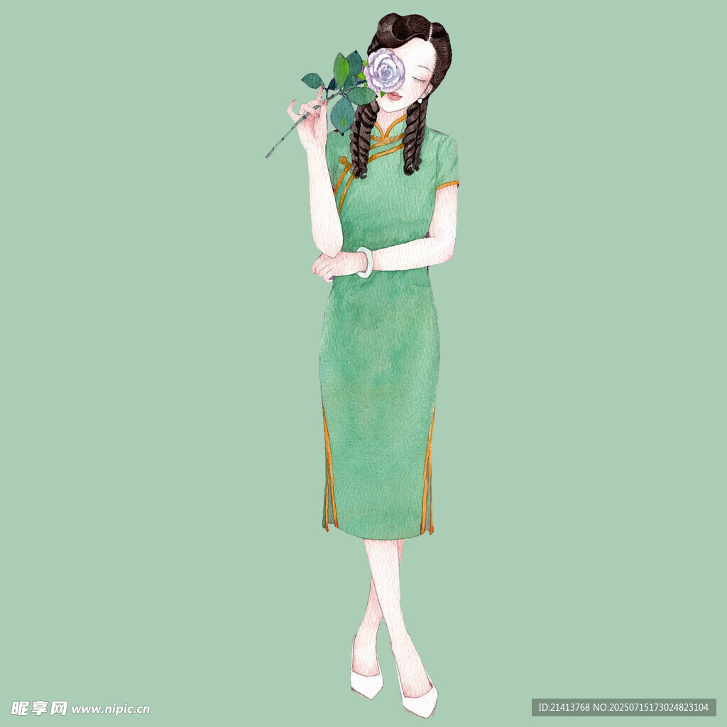 身着绿旗袍的优雅女子