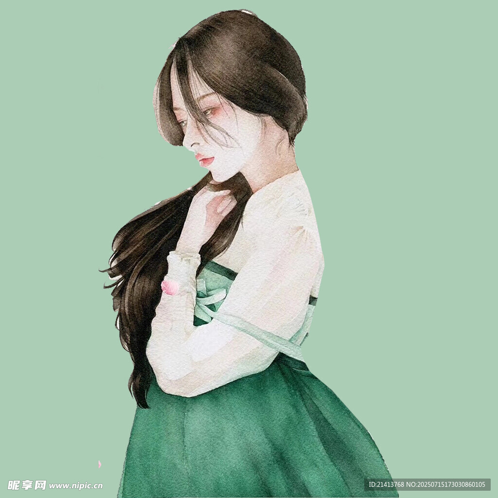 古风绿衣长发优雅女子