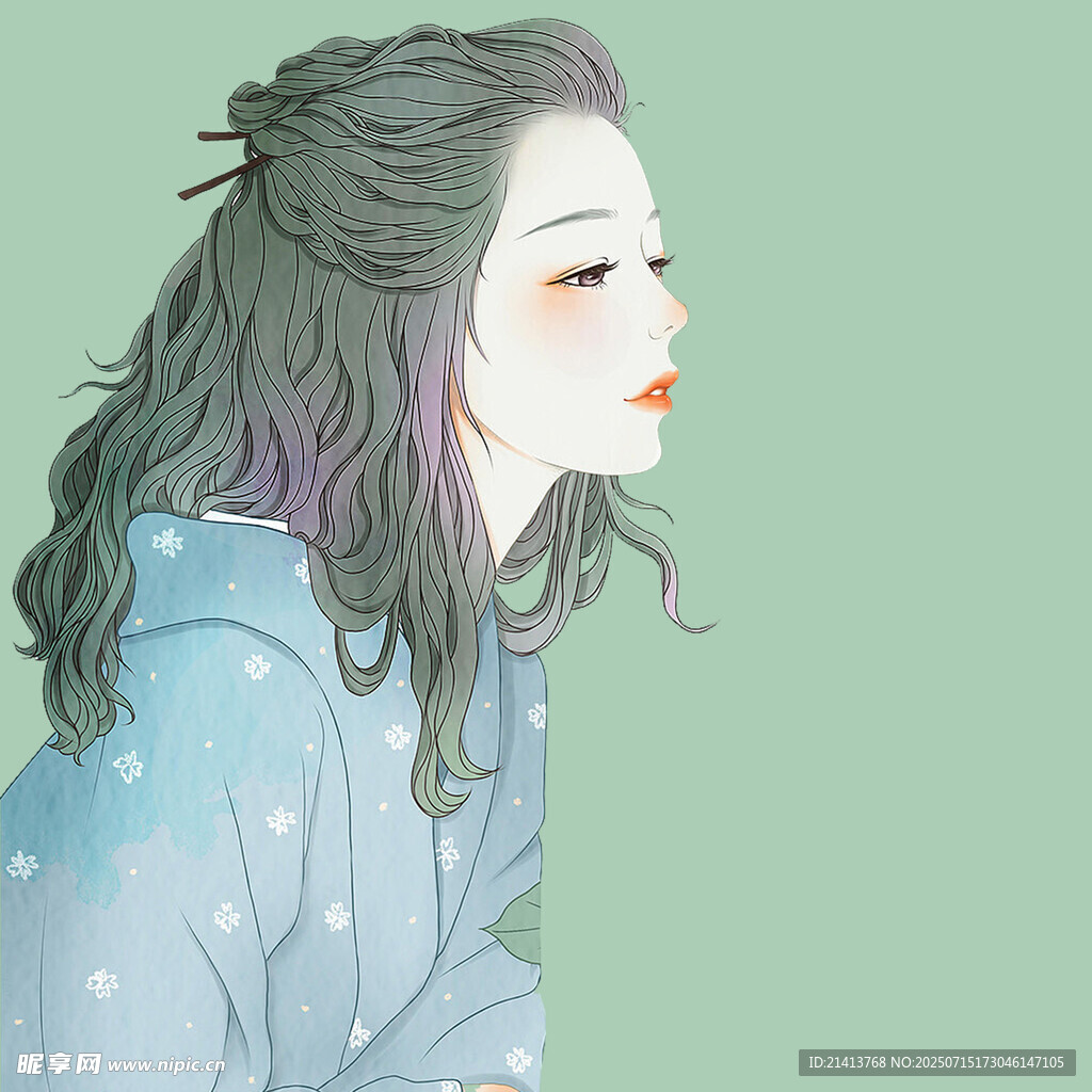侧颜长发女孩的清新形象