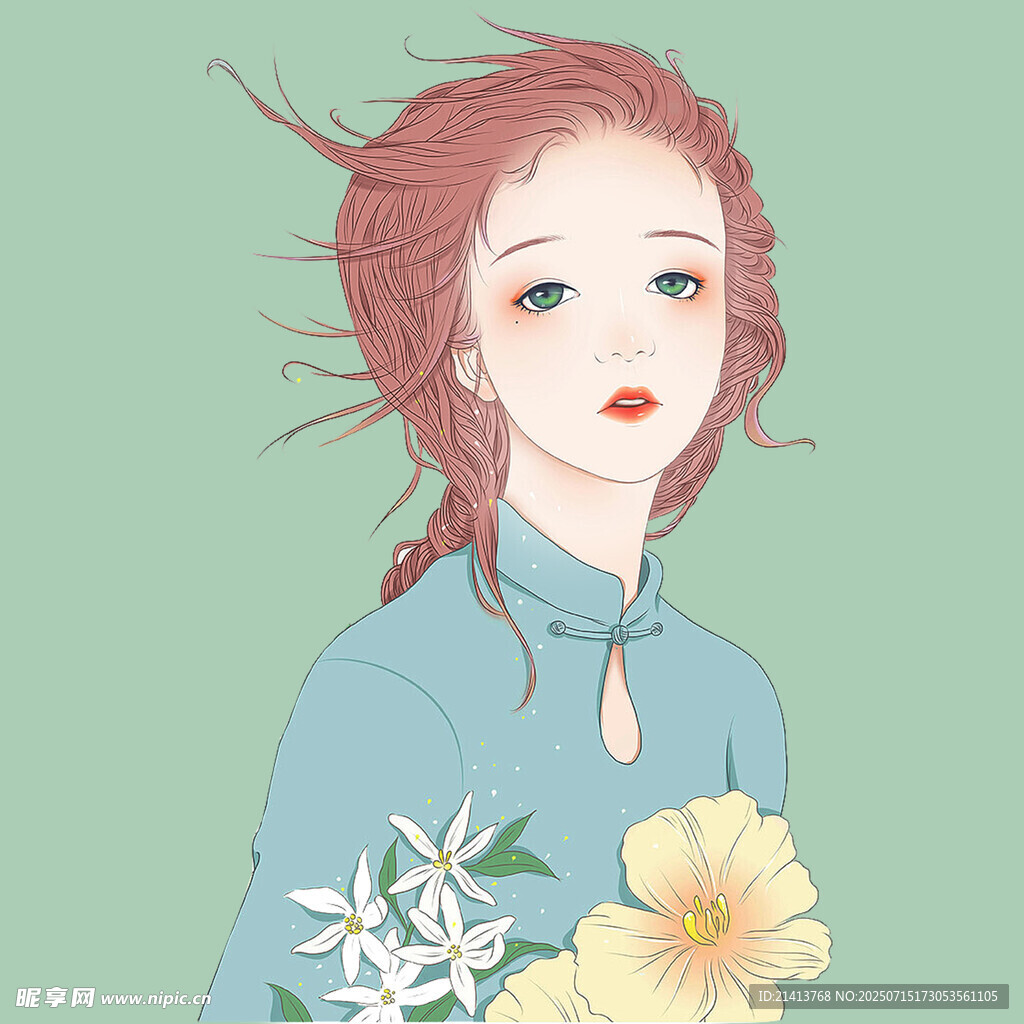 红发女子手持清新花卉