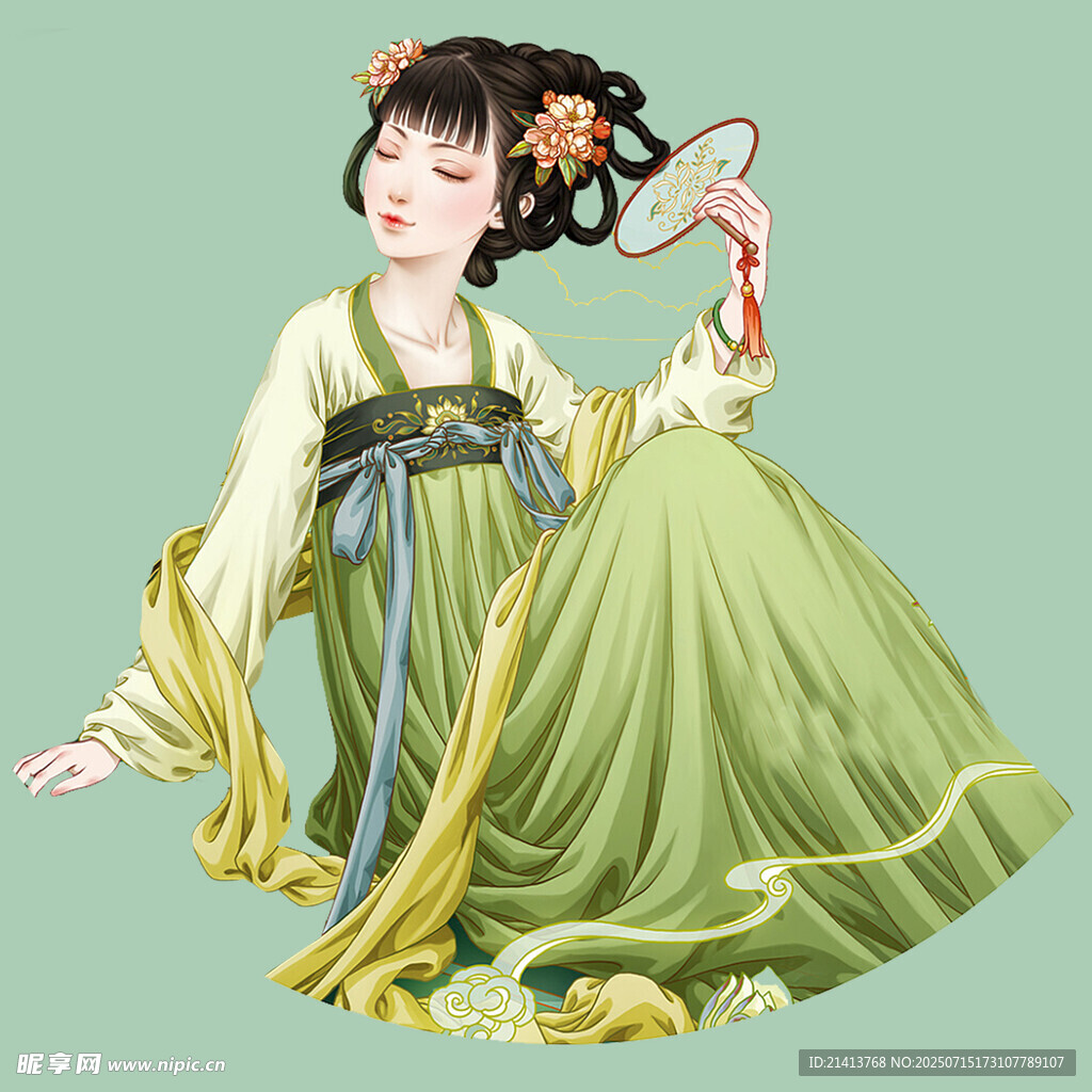 古风美人持扇优雅端坐