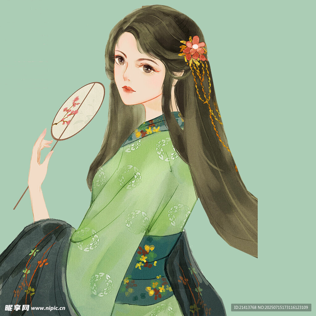 古风女子持扇优雅侧立
