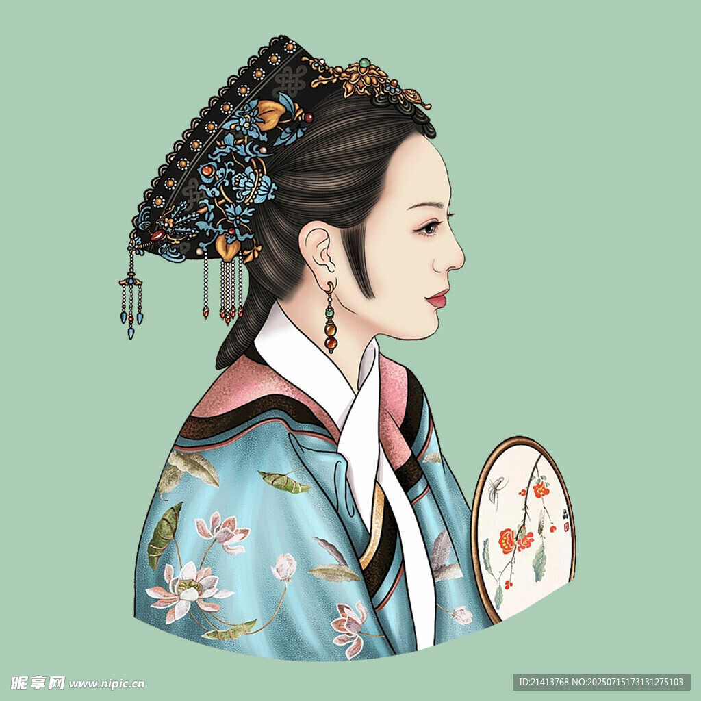 古风旗装女子持扇侧颜