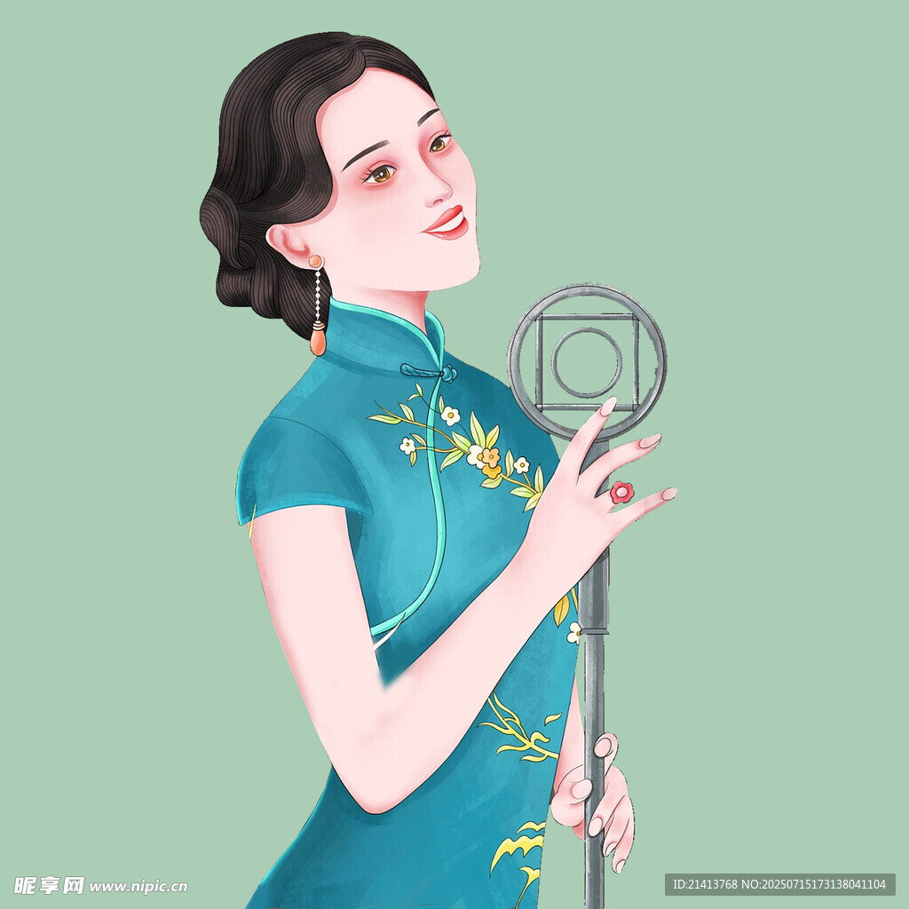 旗袍女子手持精致团扇
