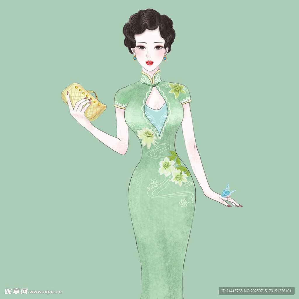 复古旗袍女子手持精致物件