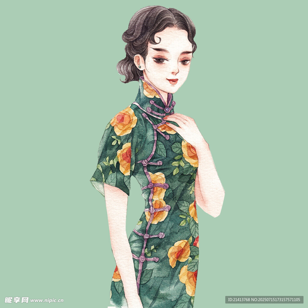 复古风女子身着精美花纹旗袍