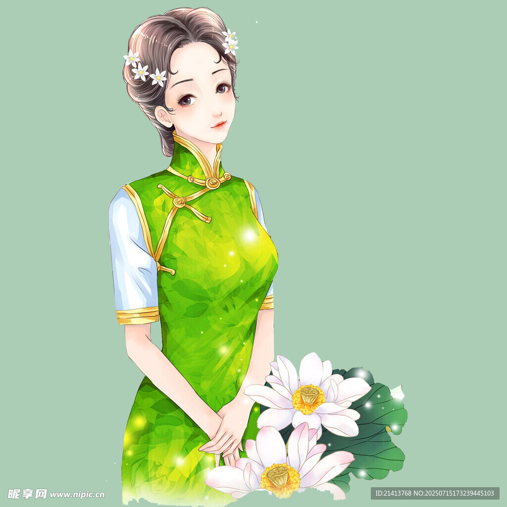 身着绿旗袍的优雅女子