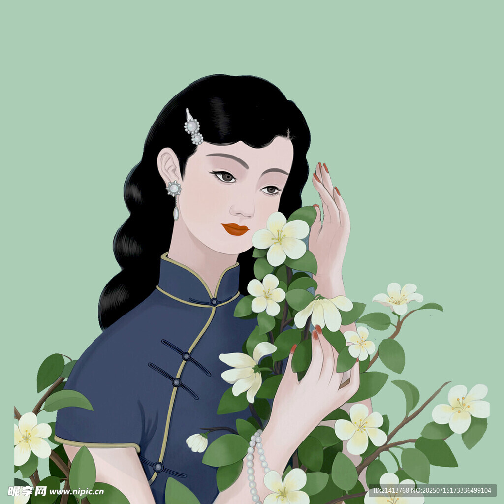 旗袍女子与素雅花卉