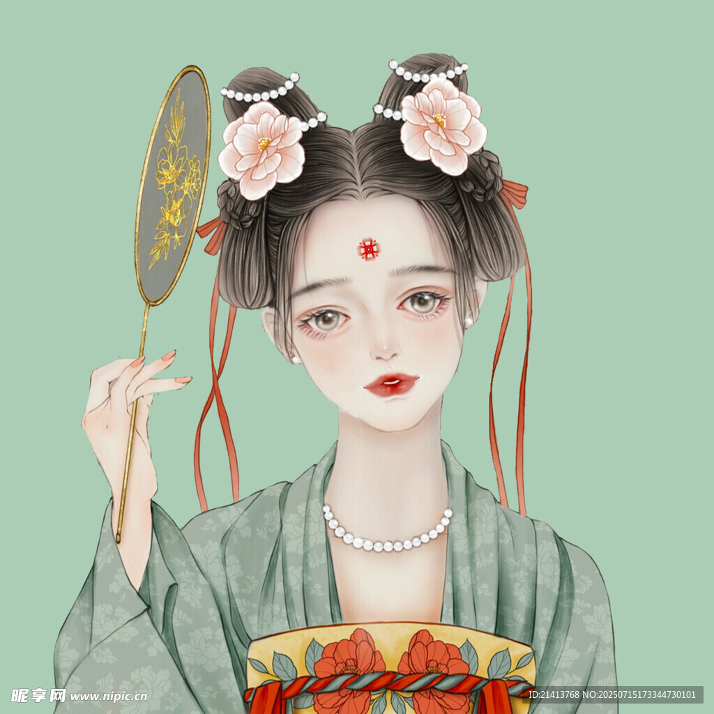 古风汉服少女持扇赏景