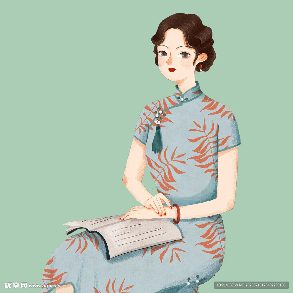 旗袍女子优雅捧书静读