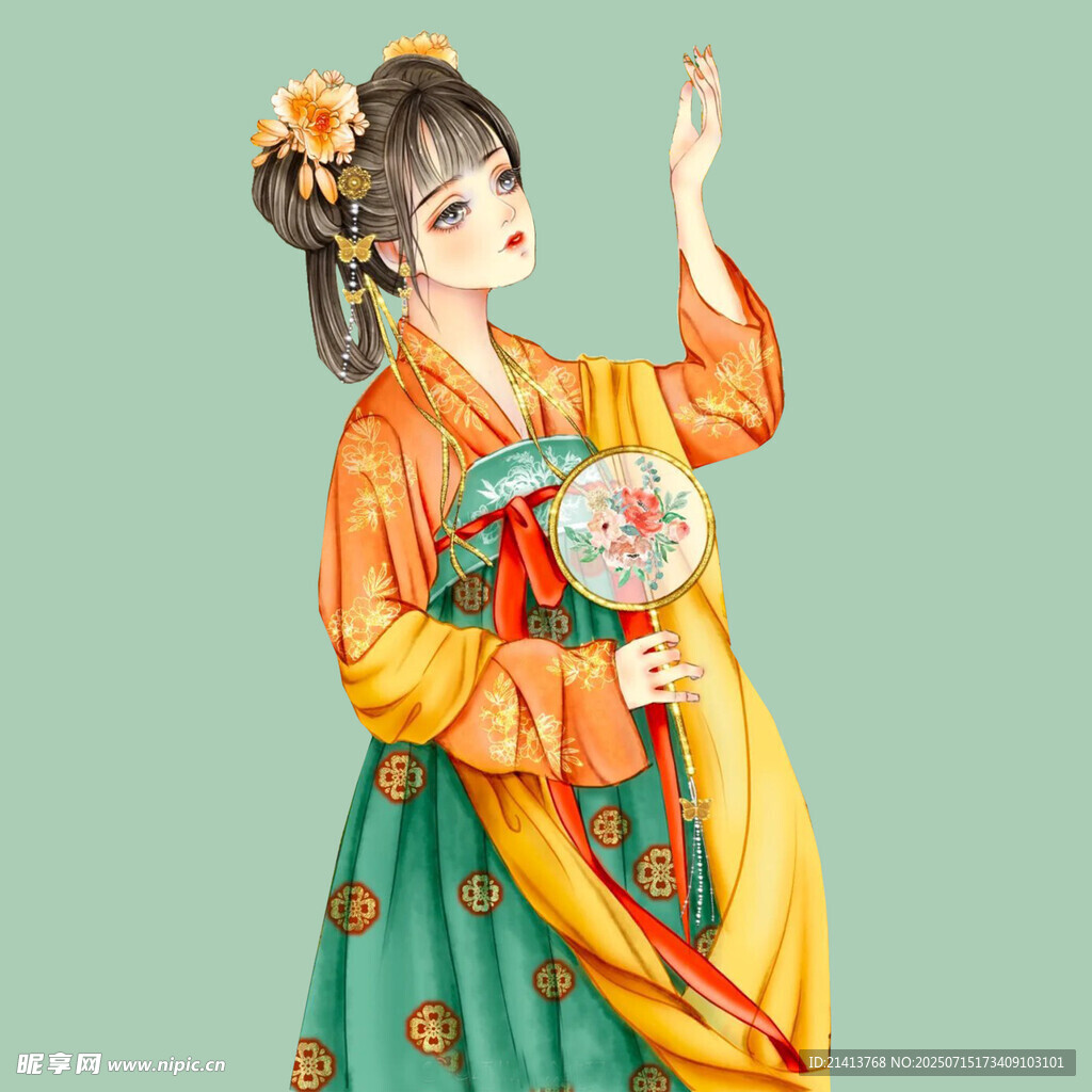 古风汉服女子持扇优雅而立