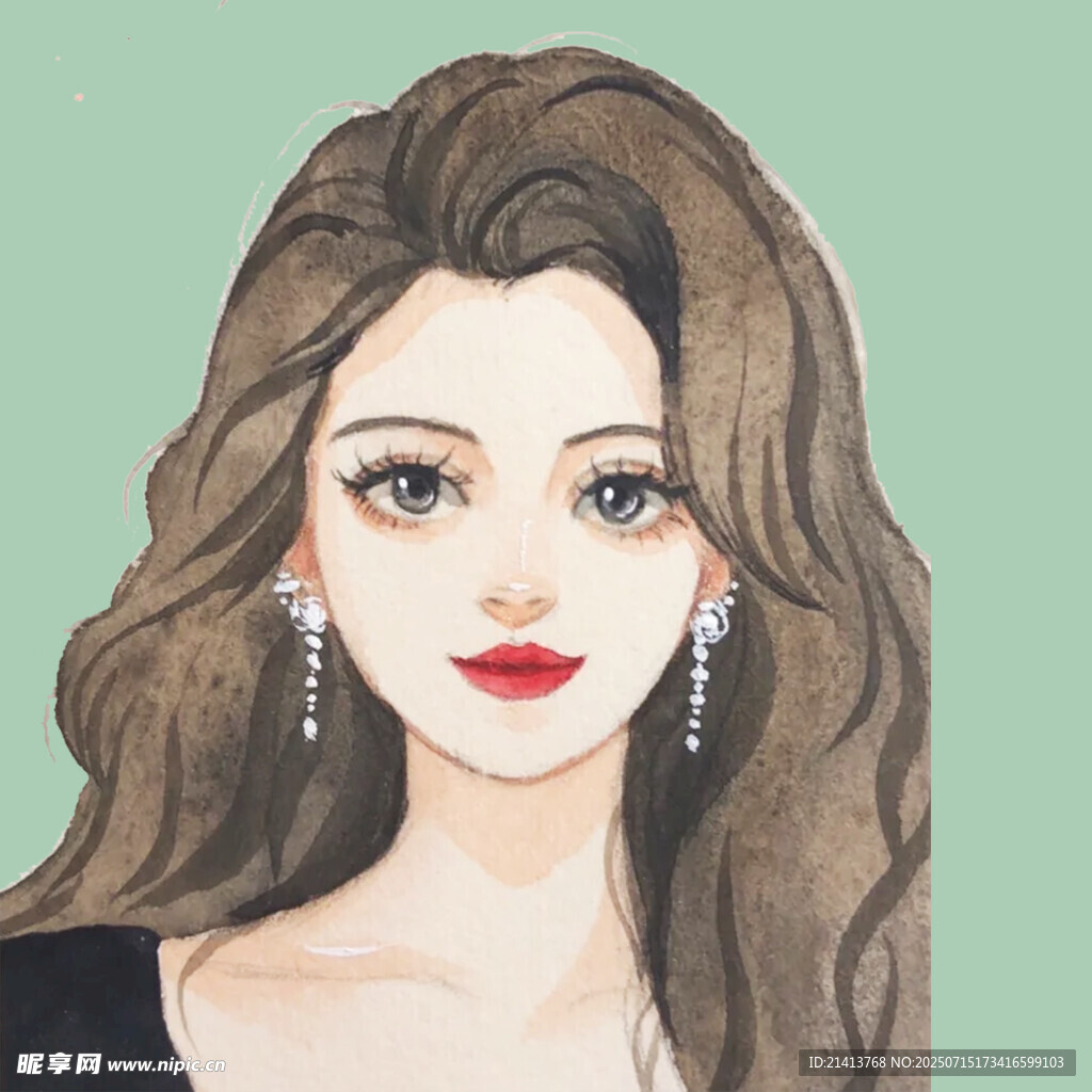 长发美女水彩风插画